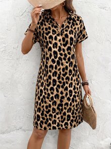 EMERY ROSE Leopard Print Casual Batwing Sleeve Dress, Summer For Women Shirt Dress Leopard Dress - Mocha Brown - View 5