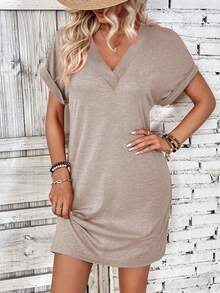 EMERY ROSE Ladies' Casual Plain And Simple Summer Short Sleeve Daily Wear T-Shirt Dress - Khaki - View 4