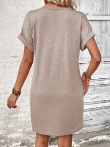 EMERY ROSE Ladies' Casual Plain And Simple Summer Short Sleeve Daily Wear T-Shirt Dress - Khaki - View 2