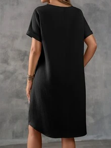 EMERY ROSE Women Solid Color Round Neck Short Sleeve Dress, Summer - Black - View 2