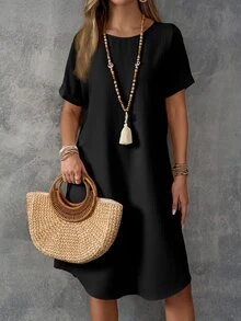 EMERY ROSE Women Solid Color Round Neck Short Sleeve Dress, Summer - Black - View 5
