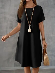 EMERY ROSE Women Solid Color Round Neck Short Sleeve Dress, Summer - Black - View 4