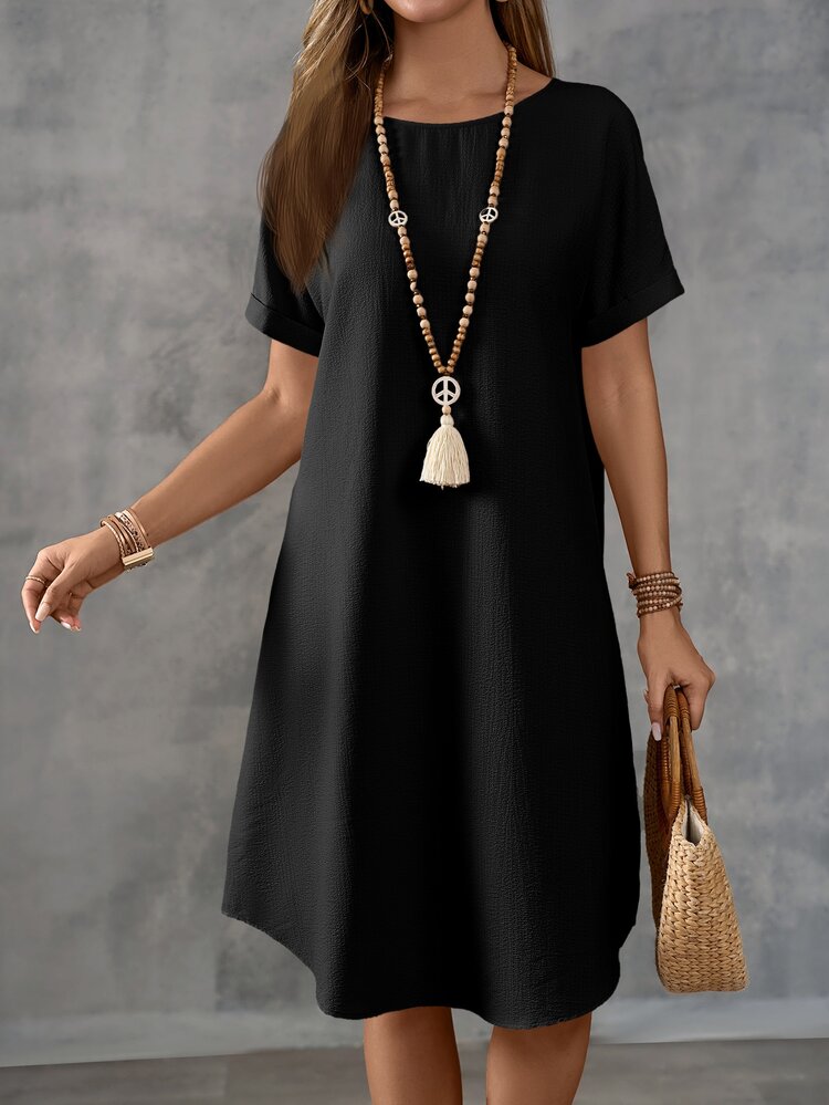 EMERY ROSE Women Solid Color Round Neck Short Sleeve Dress, Summer - Black - View 4