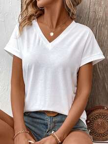 EMERY ROSE Women's All White Solid V-Neck Casual T-Shirt Tops Summer Occasion For Work Office Party Halloween Christmas Thanksgiving New Year - White - View 4