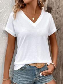EMERY ROSE Women's All White Solid V-Neck Casual T-Shirt Tops Summer Occasion For Work Office Party Halloween Christmas Thanksgiving New Year - White - View 5