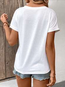 EMERY ROSE Women's All White Solid V-Neck Casual T-Shirt Tops Summer Occasion For Work Office Party Halloween Christmas Thanksgiving New Year - White - View 2