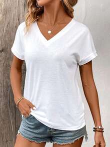 EMERY ROSE Women's All White Solid V-Neck Casual T-Shirt Tops Summer Occasion For Work Office Party Halloween Christmas Thanksgiving New Year - White - View 6