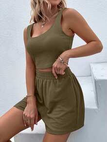 EMERY ROSE Conjunto casual de 2 piezas de top de tirantes de cuello cuadrado y shorts de unicolor para mujer - Verde Oliva - Ver 4