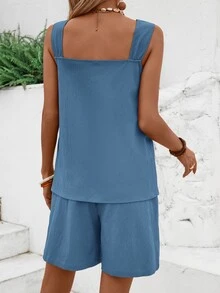 EMERY ROSE Conjunto de top con tirantes en anillo redondo y shorts de unicolor para mujer en verano - Neblina azul - Ver 2