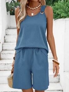 EMERY ROSE Conjunto de top con tirantes en anillo redondo y shorts de unicolor para mujer en verano - Neblina azul - Ver 1