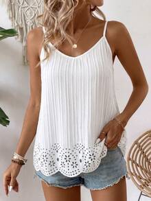 EMERY ROSE White V-Neck Spaghetti Strap Cami Top, Textured Lace Hem, Loose Fit Casual Blouse For Layering & Outer Wear - White - View 6