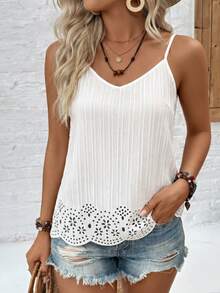 EMERY ROSE White V-Neck Spaghetti Strap Cami Top, Textured Lace Hem, Loose Fit Casual Blouse For Layering & Outer Wear - White - View 8