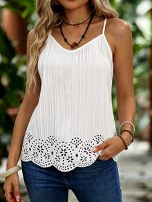 EMERY ROSE White V-Neck Spaghetti Strap Cami Top, Textured Lace Hem, Loose Fit Casual Blouse For Layering & Outer Wear - White - View 7