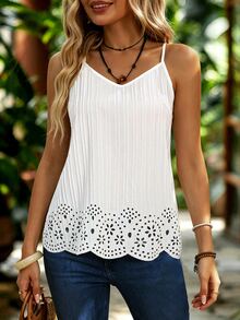 EMERY ROSE White V-Neck Spaghetti Strap Cami Top, Textured Lace Hem, Loose Fit Casual Blouse For Layering & Outer Wear - White - View 9