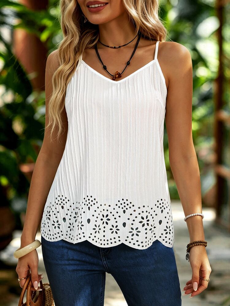 EMERY ROSE White V-Neck Spaghetti Strap Cami Top, Textured Lace Hem, Loose Fit Casual Blouse For Layering & Outer Wear - White - View 9