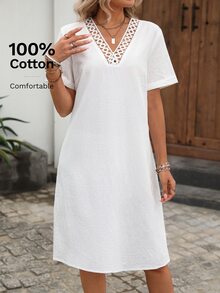 EMERY ROSE 女款夏季度假拼接蕾絲短袖白色洋裝，100%純棉優雅波西米亞休閒度假海灘穿搭鄉村風 - 白色 - 查看 5