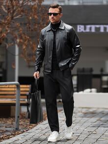 Manfinity Homme 男士成熟休閒純黑色夾克 - 黑色 - 查看 5