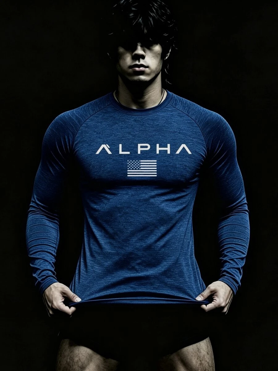 GymBeat Men's Flag Print Crew Neck Long Sleeve Sports T-Shirt - Navy Blue - View 1