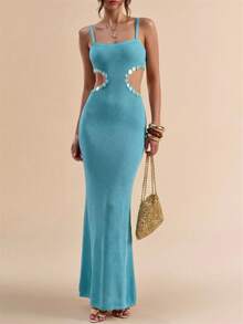 Swim SXY Light Blue Women's Long Sweater Dress With Waist Cutout Element And Sequin Handcrafted Trim Design - Baby Blue - View 6
