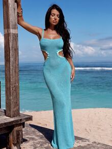 Swim SXY Light Blue Women's Long Sweater Dress With Waist Cutout Element And Sequin Handcrafted Trim Design - Baby Blue - View 8