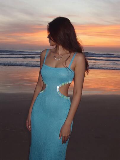 Sirith Light Blue Women's Long Sweater Dress With Waist Cutout Element And Sequin Handcrafted Trim Design