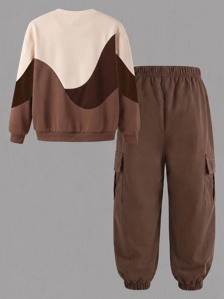 1 Set Tween Boys Long Sleeve Sweatshirt And Jogger Cargo Pants Outfit, Casual Cool - Multicolor - View 3