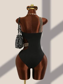 Swim Basics Summer Beach Textured Stitch Detail One Piece Swimsuit - Black - View 3
