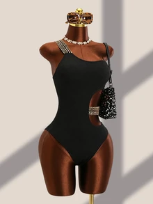 Swim Basics Summer Beach Textured Stitch Detail One Piece Swimsuit - Black - View 6