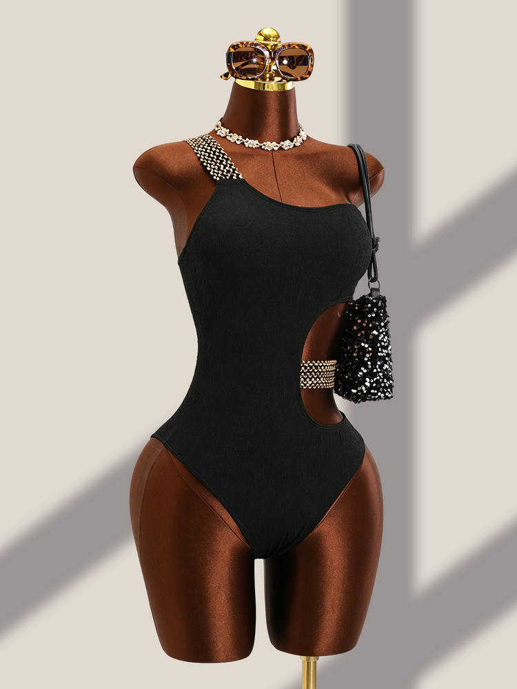 Swim Basics Summer Beach Textured Stitch Detail One Piece Swimsuit - Black - View 5