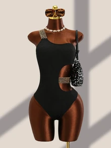 Swim Basics Summer Beach Textured Stitch Detail One Piece Swimsuit - Black - View 5