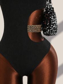 Swim Basics Summer Beach Textured Stitch Detail One Piece Swimsuit - Black - View 8