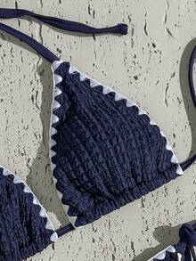 Swim Vcay Spring Break Women's New Summer Textured Solid Color Swimwear Set With Spaghetti Straps, Scoop Back, And Side Tie Bottoms, Beach Vacation Bikini - Navy Blue - View 8