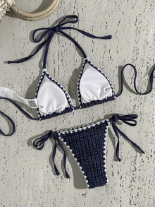 Swim Vcay Spring Break Women's New Summer Textured Solid Color Swimwear Set With Spaghetti Straps, Scoop Back, And Side Tie Bottoms, Beach Vacation Bikini - Navy Blue - View 6