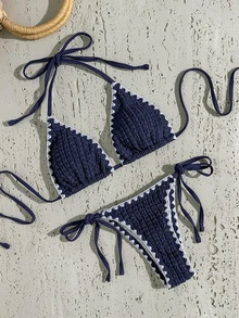 Swim Vcay Spring Break Women's New Summer Textured Solid Color Swimwear Set With Spaghetti Straps, Scoop Back, And Side Tie Bottoms, Beach Vacation Bikini - Navy Blue - View 3