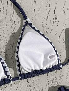 Swim Vcay Spring Break Women's New Summer Textured Solid Color Swimwear Set With Spaghetti Straps, Scoop Back, And Side Tie Bottoms, Beach Vacation Bikini - Navy Blue - View 7