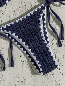 Swim Vcay Spring Break Women's New Summer Textured Solid Color Swimwear Set With Spaghetti Straps, Scoop Back, And Side Tie Bottoms, Beach Vacation Bikini - Navy Blue - View 9
