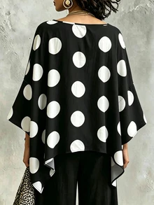 Glimmora Vintage Large Polka Dot V-Neck Batwing Sleeve Top - Black - View 2