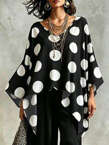Glimmora Vintage Large Polka Dot V-Neck Batwing Sleeve Top - Black - View 1