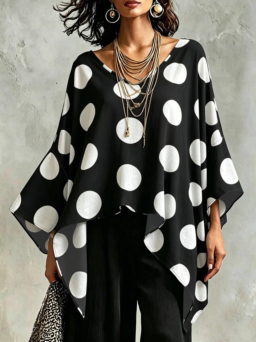 Glimmora Vintage Large Polka Dot V-Neck Batwing Sleeve Top - Black - View 1