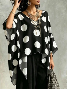 Glimmora Vintage Large Polka Dot V-Neck Batwing Sleeve Top - Black - View 4