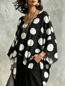 Glimmora Vintage Large Polka Dot V-Neck Batwing Sleeve Top - Black - View 3
