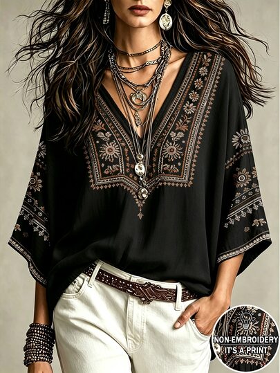 Glimmora Bohemian Faux Embroidery Floral Print Women's Top, Loose V-Neck Batwing 3/4 Sleeve Flattering Top, Casual Vacation Travel Shirt For Countryside And Beach, Plus Size Women's Top