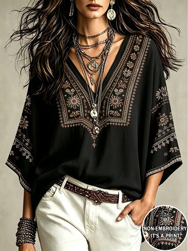 Glimmora Bohemian Faux Embroidery Floral Print Women's Top, Loose V-Neck Batwing 3/4 Sleeve Flattering Top, Casual Vacation Travel Shirt For Countryside And Beach, Plus Size Women's Top