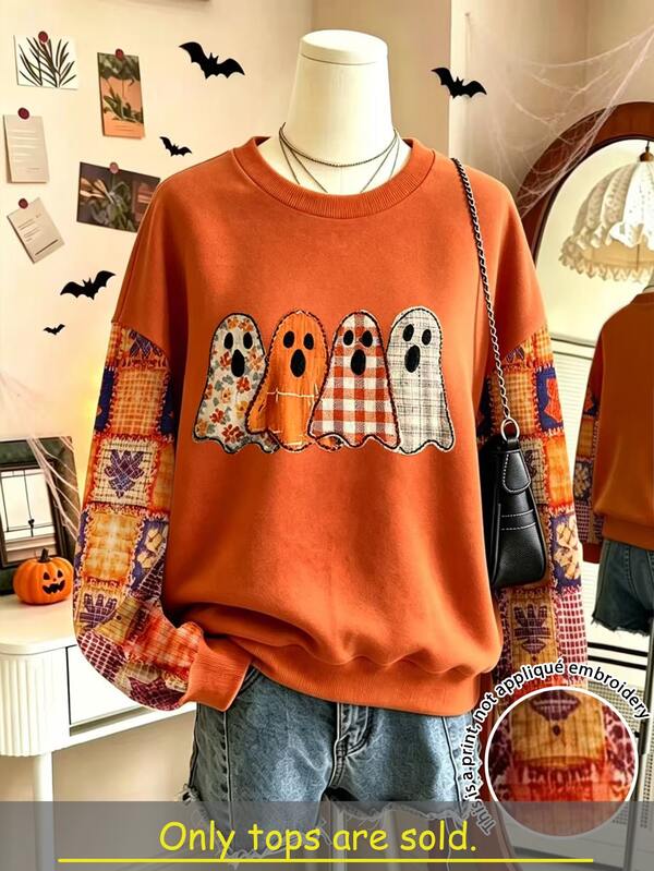Lalippa Sweatshirt Wanita Ukuran Besar, Sweatshirt Longgar Leher Bulat, Sweatshirt Halloween, Sweatshirt Gaya Minimalis Kasual Wanita Ukuran Besar, Cocok untuk Pakaian Kasual Sehari-hari dan Liburan, Sweatshirt Wanita Ukuran Besar Musim Gugur/Dingin, Sweatshirt Wanita Ukuran Besar Terbaru, Atasan Modis, Sweatshirt Motif Daun Maple Hantu