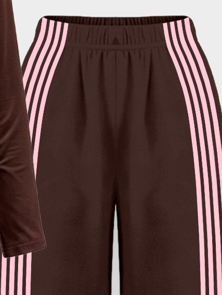 Autumn Tween Girls Casual Fashion Minimalist Bowknot Chest Design Coffee & Pink Pattern Waist Gathered Long Sleeve T-Shirt & Coffee & Pink Striped Wide Leg Pants Set - Multicolor - View 7