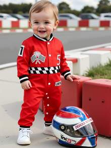 SHEIN 1pc Baby Boys Race Car Driver Checkered Stripe Letter Graphic Contrast Trim Long Sleeve Jumpsuit Toddler Infant Fall Outfit. - Red - View 5