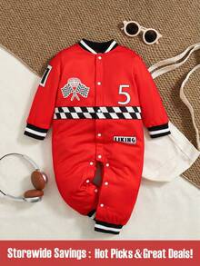 SHEIN 1pc Baby Boys Race Car Driver Checkered Stripe Letter Graphic Contrast Trim Long Sleeve Jumpsuit Toddler Infant Fall Outfit. - Red - View 3