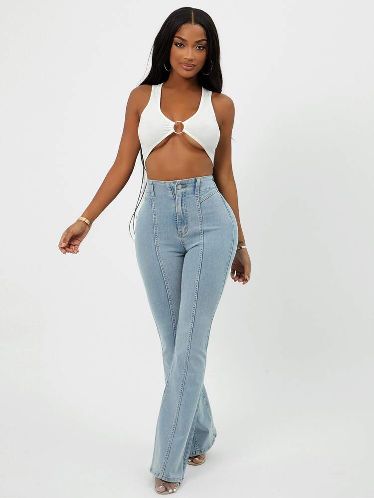 BriallanyX BriallanyX High Waist Flare Leg Jeans - Light Wash - View 9