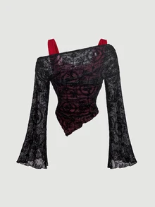 SHEIN MOD 女款時尚性感植絨網紗拼接二合一T恤 - 紅色和黑色 - 查看 5