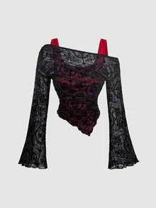SHEIN MOD 女款時尚性感植絨網紗拼接二合一T恤 - 紅色和黑色 - 查看 4